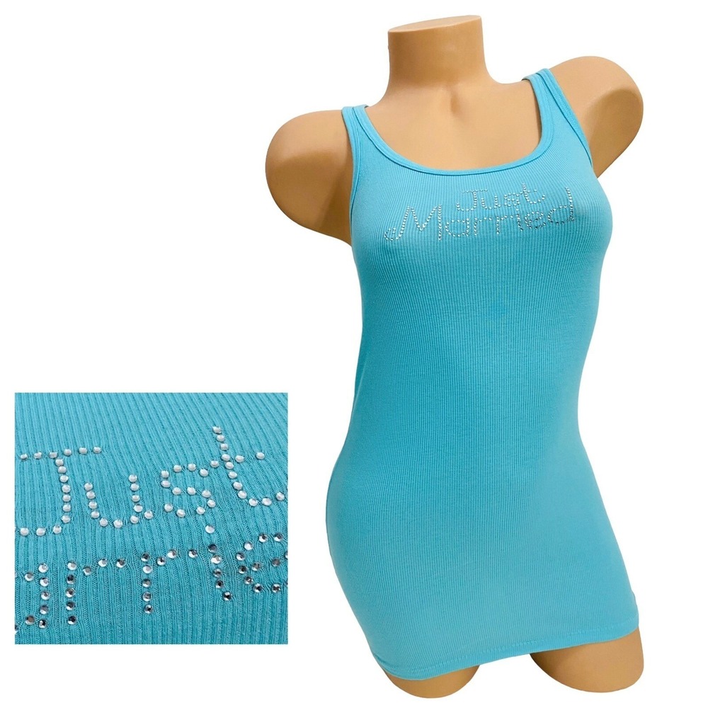 Victoria's Secret Women Just Married Rhinestone Ribbed Tank Top Blue Size Medium